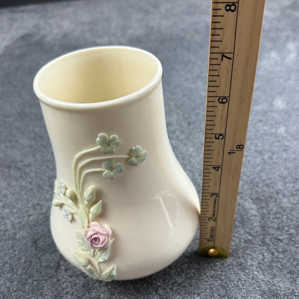 VTG Belleek Ireland Parian China Vase Pink‎ Rose Blue Flower Shamrock Green Mark